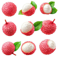 Fresh red lychees with leaves isolated transparent background multiple views high resolution images