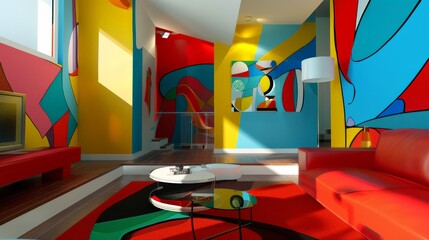 Playful Colors in a Modern Apartment Interior.  Bright and Cheerful Pop Art Inspired Living Room