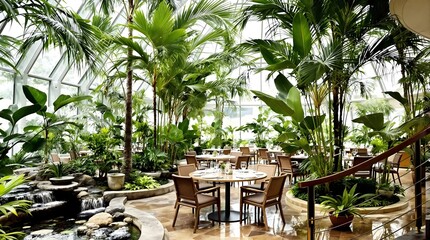 Fototapeta premium Tropical Indoor Restaurant, Lush Greenery, Dining Area, Nature Ambiance