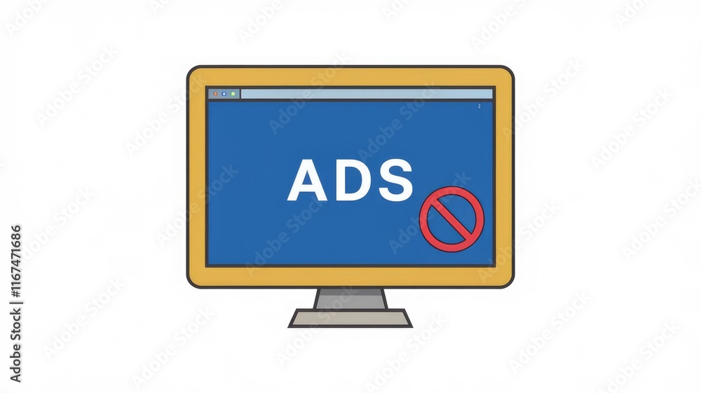 Aufkleber computer screen displaying 'ads' with a prohibition symbol, indicating ad blocking.