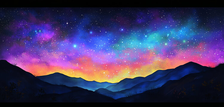A night sky filled with countless stars and the vibrant colors of the Milky Way, above a silhouette of rolling hills.