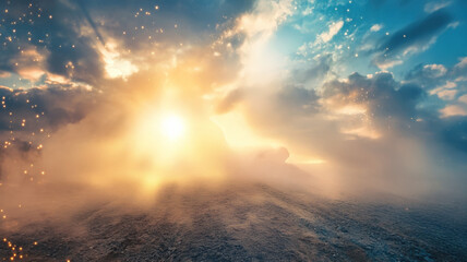 Fototapeta premium Golden sunlight breaking through dramatic clouds illuminating a misty landscape with contrasting warm and cool tones.