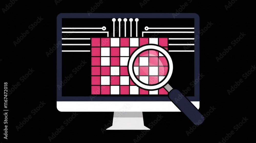 Poster Magnifying glass inspecting data matrix on computer screen, representing data analysis and digital investigation.