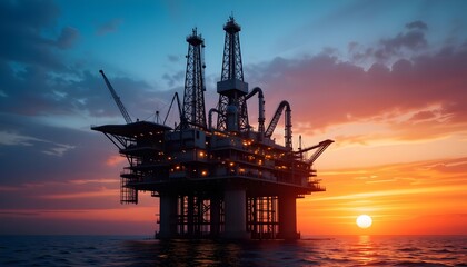 Obraz premium Offshore Oil Rig at Sunset, Industrial Energy, Ocean Horizon, Twilight