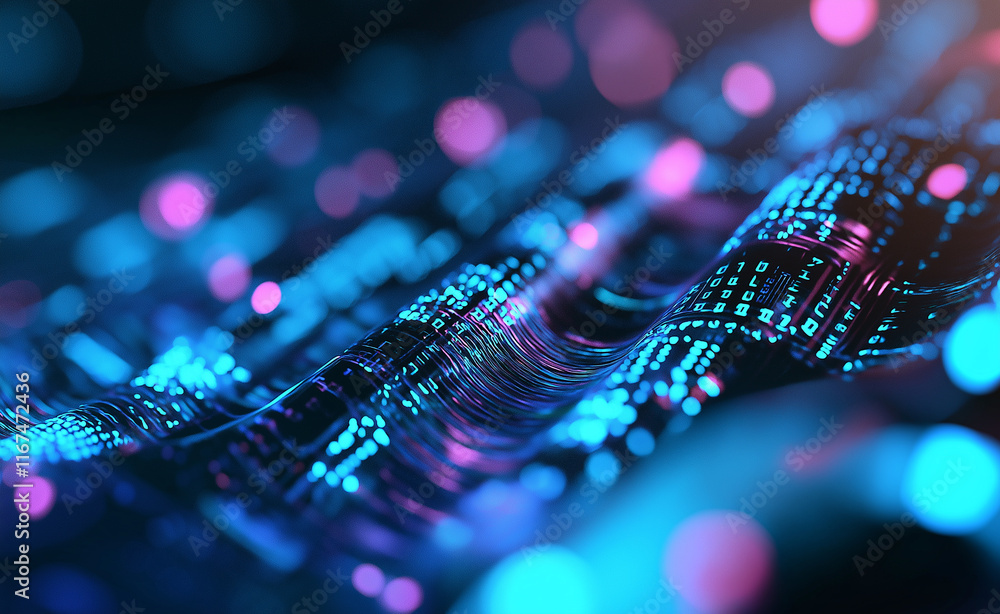 Poster a dynamic wave of glowing blue and pink digital data patterns, representing technology, innovation, 