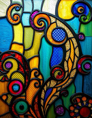Colorful stained glass window. . Multicolored interior design template. Oil painting