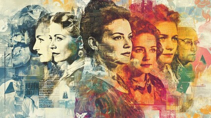 A collage-style composition showcasing iconic women throughout history, blending portraits