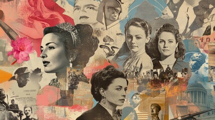 A collage-style composition showcasing iconic women throughout history, blending portraits