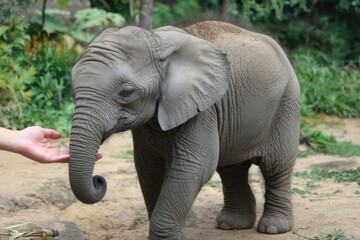 A young African elephant calf gently interacts with a human hand, showcasing its adorable trunk and wrinkled skin.