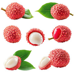 Fresh red lychees with green leaves whole and halved isolated transparent background