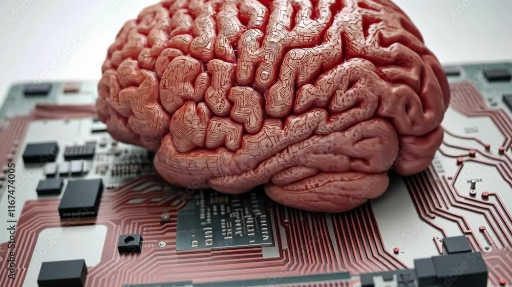 Aufkleber brain placed on a circuit board to symbolize the intersection of technology and neuroscience