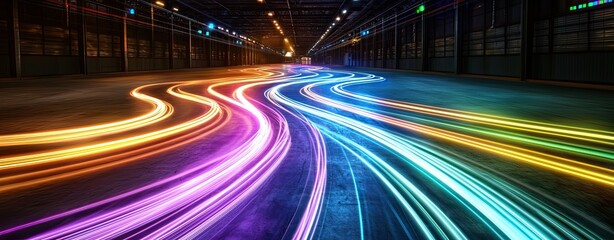 Fototapeta premium Digital Dashboards for Efficient Cargo Tracking and Management, a light painting view of colorful streaks of light forming dynamic data flow lines across a darkened logistics hub