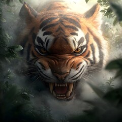 Obraz premium Powerful predator stalking through dense overgrown undergrowth of a lush Paleolithic era wilderness its muscular body coiled and poised to strike snarling teeth bared piercing eyes scanning for prey