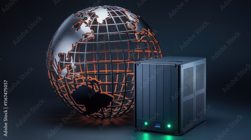 Aufkleber global server infrastructure depicted with a metallic globe and a network server, symbolizing worldw