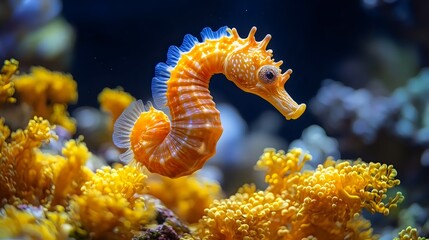 A small orange and white sea creature is swimming in a yellow sea plant