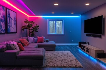 A sleek basement lounge where multicolored LED strips illuminate the space, complementing a cozy sofa and high-definition TV for an immersive entertainment experience.