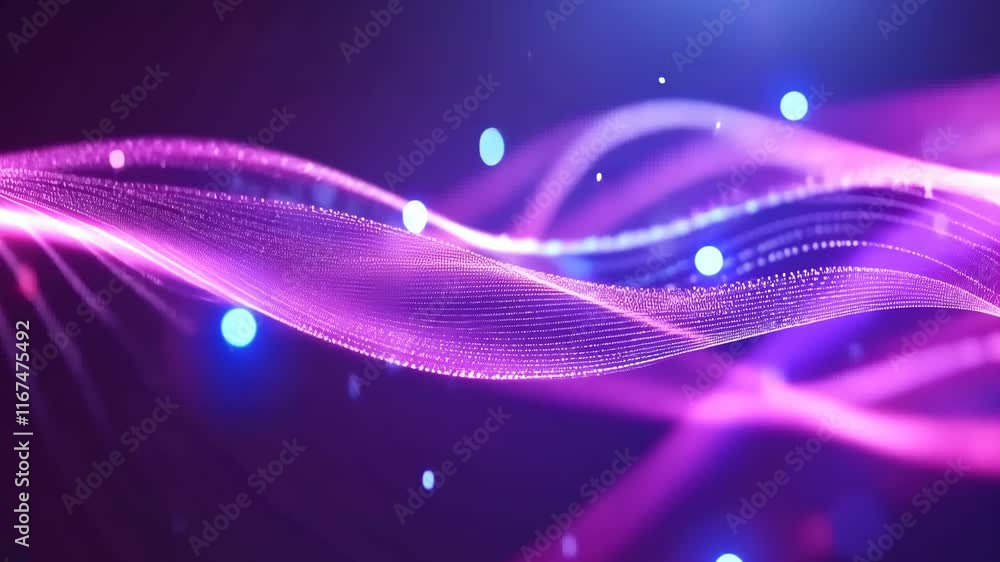 Poster vibrant purple waves with glowing blue particles create a dynamic abstract background