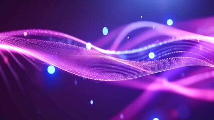 Vibrant purple waves with glowing blue particles create a dynamic abstract background - Powered by Adobe