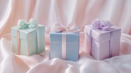 Obraz premium A set pastel-colored gift boxes with satin ribbons, adorned with bows and delicate textures