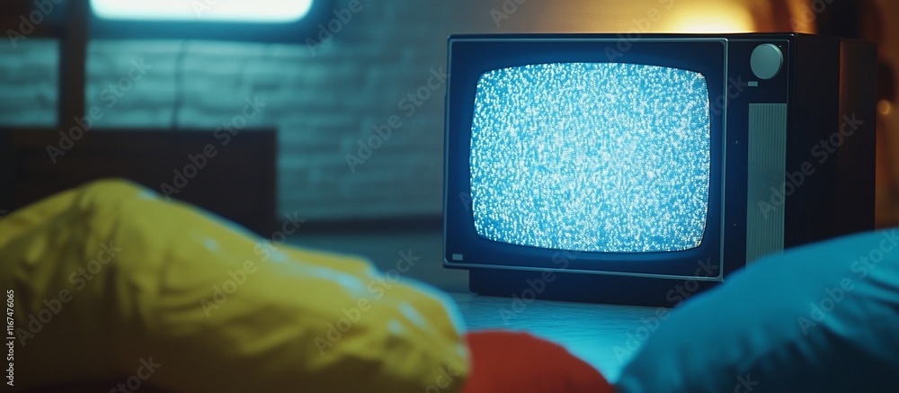 Poster retro tv showing static on a table with colorful beanbag chairs in a dimly lit room.