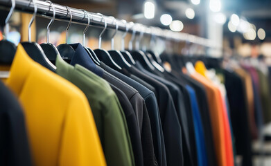 Fototapeta premium A row of colorful jackets neatly hung on hangers in a modern clothing store, emphasizing fashion and retail organization.