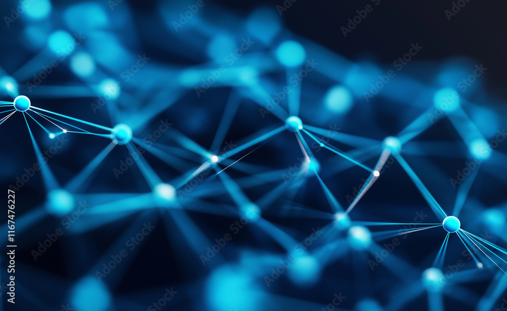 Poster a glowing blue network of interconnected nodes and lines, symbolizing connectivity, data, and advanc