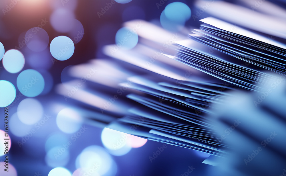 Poster close-up of a stack of documents with a blurred blue bokeh background, symbolizing organization and 