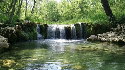 Obraz premium A hidden waterfall cascading into a crystal-clear pool surrounded by lush green foliage and rocks