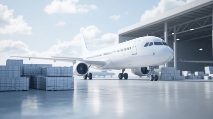 A modern airplane near a hangar with cargo stacks, showcasing aviation and logistics.
