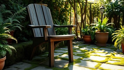 Obraz premium Wooden Adirondack Chair In A Lush Garden Setting