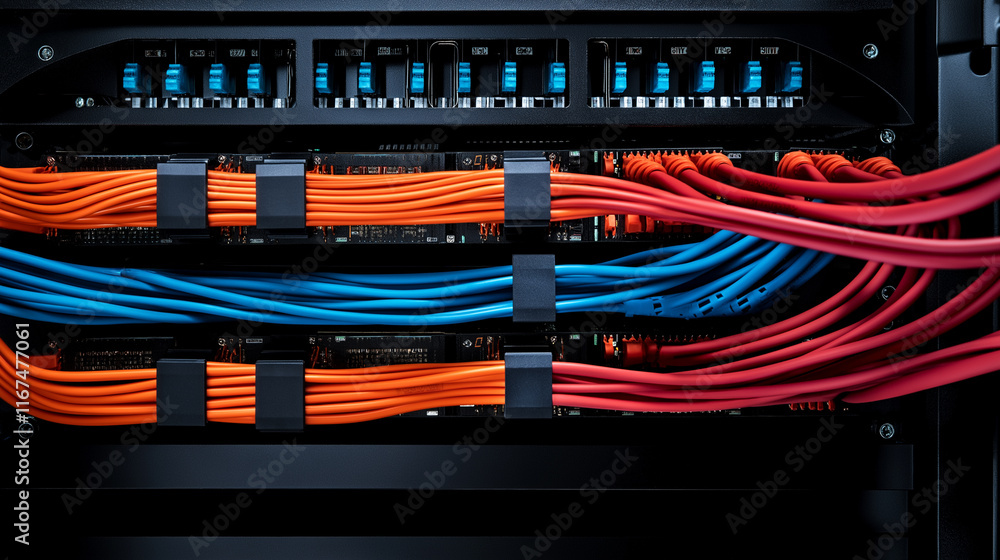 Poster a close-up view of organized blue and orange network cables in a server rack, representing connectiv