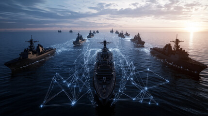 A high-tech naval concept showing a digital network overlay on the ocean with warships silhouetted against the horizon.