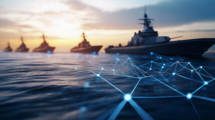 A high-tech naval concept showing a digital network overlay on the ocean with warships silhouetted against the horizon.