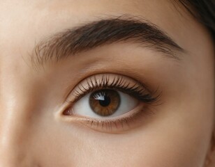 Obraz premium Close-up of a woman's eye, showcasing well-defined eyebrows and long eyelashes. A beautiful, natural look.