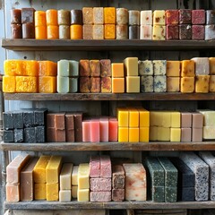 Fototapeta premium A shelf full of colorful bars of soap