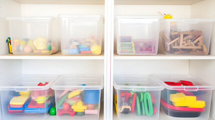 Organized toy storage containers, colorful play items, neat children’s room, tidy and functional design, copy space