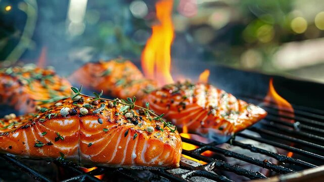 Salmon on the grill. Selective focus