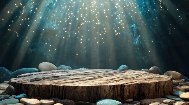 Mesmerizing image of a serene and ethereal forest landscape at night featuring a rustic wooden platform illuminated by the glowing presence of a starry sky