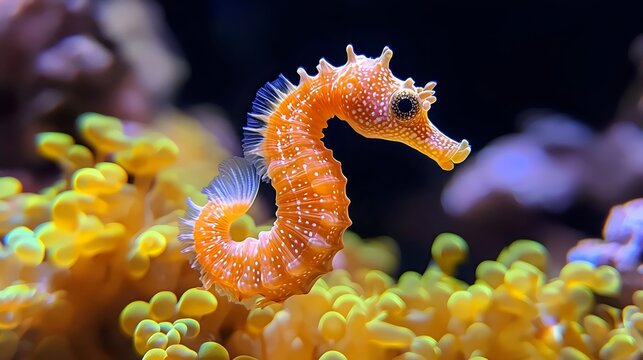 A small orange sea star is swimming in a yellow sea