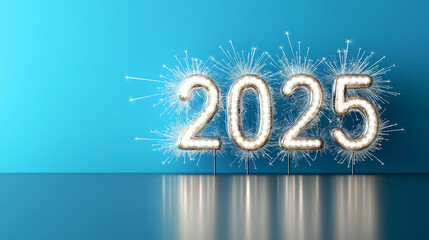 Sparkling "2025" numerals are decorated with fireworks against a vibrant blue background, symbolizing a festive New Year celebration.