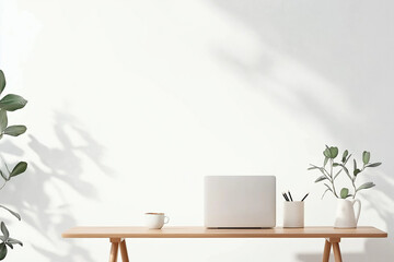 Realistic high-resolution lifestyle photograph of a person working from home on a laptop, sitting at a modern wooden desk with a cup of coffee next to them.