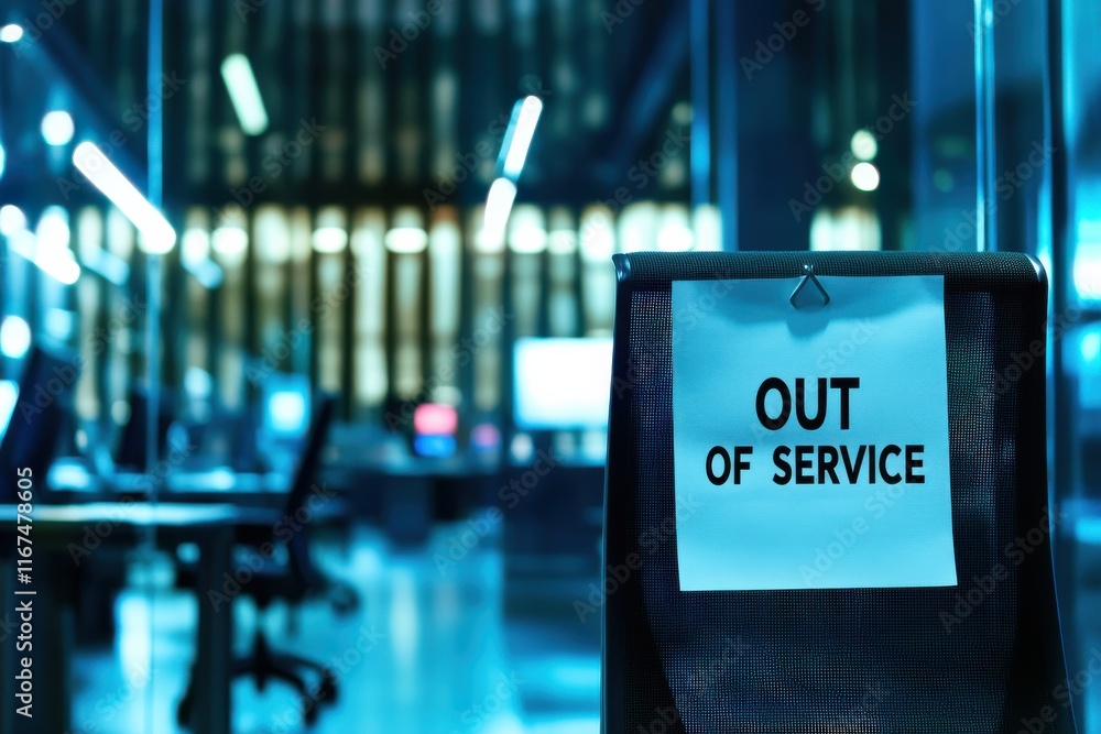 Poster dramatic lighting in empty office with 'out of service' sign on chair amidst desks and computers in 