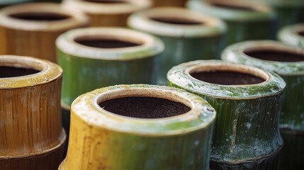 A group of handcrafted eco friendly bamboo cups arranged in a sustainable artisanal display  The cups showcase natural textures patterns and a commitment to renewable