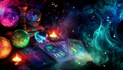 Envision a magic table adorned with tarrot cards, candles, and crystals, ideal for fortune telling. This setup is a blend of astrology and esoteric practices