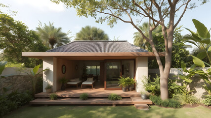 Naklejka premium an image of a serene and sustainable small architectural project. It should feature elements of balinese architecture style, such as natural materials, open spaces, glass, lots of vegettion and a conn