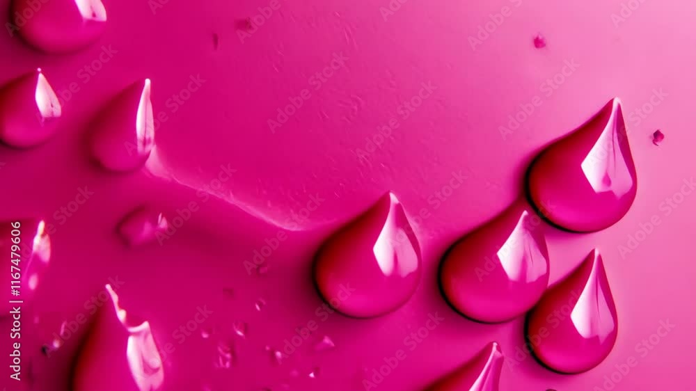 Poster droplets of vibrant pink liquid create an artistic pattern on a smooth surface in a creative workspa