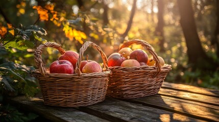 Baskets of Apples in Warm Golden Hour Light