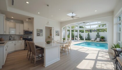 Fototapeta premium Sunroom with Pool View, Modern Kitchen, Bright Interior, Home Design