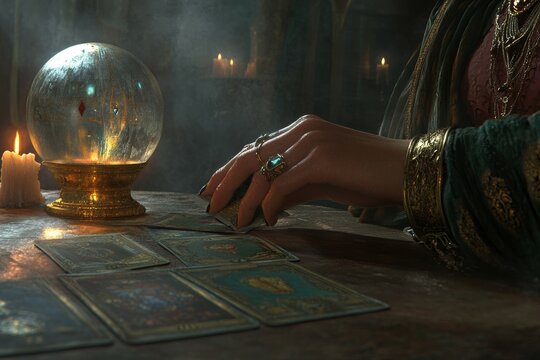 Close-up of a female fortuneteller's hands with fortune-telling cards placed on a table with candles