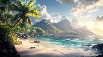Serene tropical beach at sunrise with palm trees and mountains in the background.
